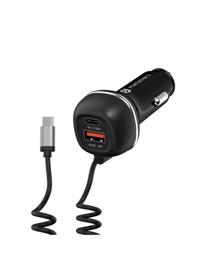Portronics 71W Car Power 1C Triple Output Fast Car Charger with 33W Type-C Cable, 20W Type-C PD, 18W USB Port, Fast Charging Adapter Compatible with Cars for iPhone & Android Smartphone (Black) - Image 1